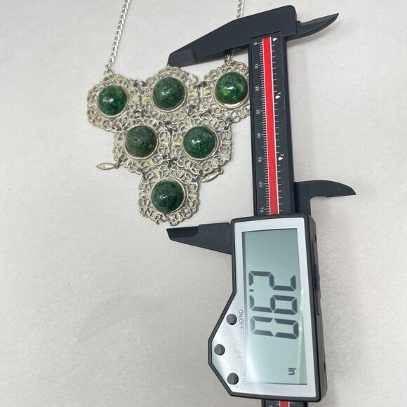 Vintage Boho Necklace Marked Jerusalem Green Natural‎ Funky Long Bib Silver-Tone - Picture 8 of 12